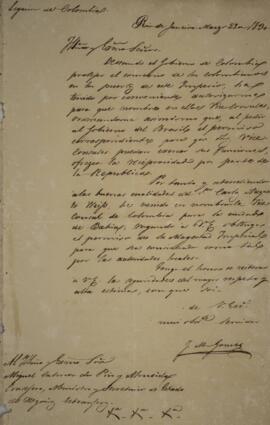 Cópia de nota diplomática enviada por Juan María Gómez (1798- 1850), para Miguel Calmon du Pin e ...