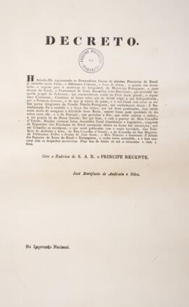 Decreto original subscrito por Dom Pedro I (1798-1834), com data de 03 de junho de 1822, mandando...