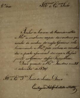 Segunda via de ofício original enviado por Eustáquio Adolfo de Mello Mattos (1795-s.d.), para Lui...