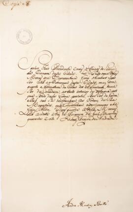 Cópia de provimento enviado por Gomes Freire de Andrade (1685-1763), Conde de Bobadela, para dest...