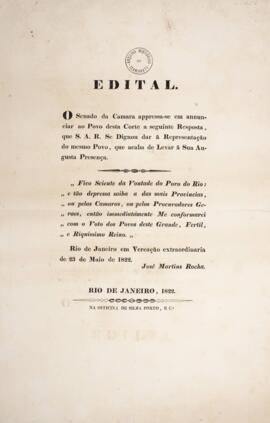 Panfleto original subscrito por José Martins da Rocha (S.d), de 23 de maio de 1822, no qual o Sen...