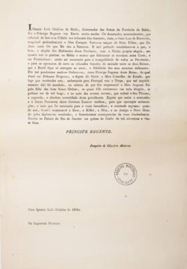 Aviso original enviado por Dom Pedro I (1798-1834), Príncipe Regente, e Joaquim de Oliveira Álvar...
