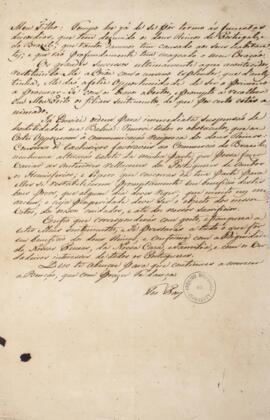 Carta original enviada por Dom João VI (1767-1826), para Dom Pedro I (1798-1834), sem data, pedin...