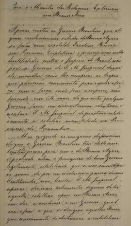 Nota diplomática enviada por Francisco Vilela Barbosa, Visconde de Paranaguá (1769-1846), para Ma...