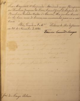 Despacho original enviado por Francisco Carneiro de Campos (1765-1842) para José de Araújo Ribeir...