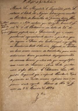 Minuta de Despacho, com data de 03 de fevereiro de 1824, transmitindo a ordem do Imperador do Bra...