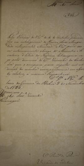 Ofício enviado por João Severiano Maciel da Costa (1769-1833), Marquês de Queluz, para Francisco ...