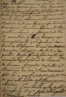 Minuta de despacho redigida em 6 de abril de 1827 apresentando  suspeitas de que embarcações amer...