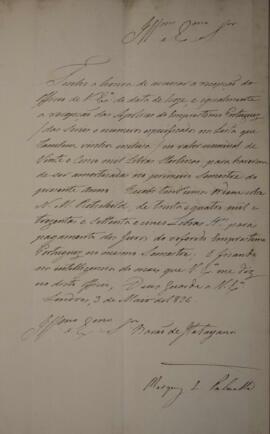 Ofício original enviado por Pedro de Sousa e Holstein (1781-1850), Marquês de Palmella, para Manu...