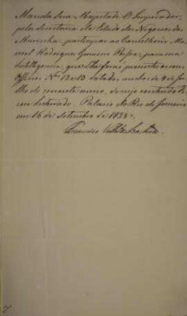 Despacho datado de 16 de setembro de 1825 em que Francisco Vilela Barbosa (1769-1846), Visconde e...