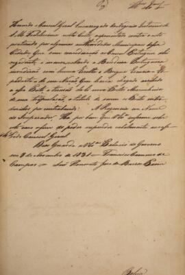 Minuta de despacho enviado por Francisco Carneiro de Campos (1765-1842) para Honorato José de Bar...