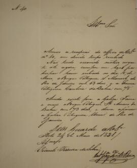 Cópia de ofício n.40 escrito por Antônio Joaquim Pereira de Faria (s.d.), para Vicente Ferreira d...