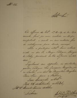 Cópia de ofício n.55 escrito por Antônio Joaquim Pereira de Faria (s.d.), para Vicente Ferreira d...