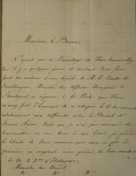 Nota Diplomática original enviada pelo barão de Mandelsloh, com data de 30 de março de 1826, disc...