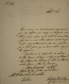 Cópia de ofício n.48 escrito por Antônio Joaquim Pereira de Faria (s.d.), para Vicente Ferreira d...