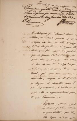 Requerimento datado de 12 de janeiro de 1839 em que o advogado João Manuel Pereira da Silva solic...