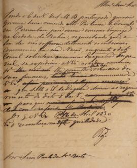 Rascunho de despacho enviado para Luís Paulo de Araújo Bastos (1797-1863), Visconde de Fiais, com...