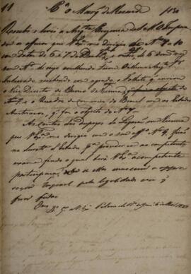 Minuta de despacho com data de 6 de abril de 1829 em que autor desconhecido comunica a Antônio Te...