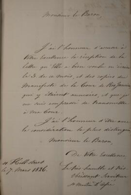 Nota Diplomática original enviada por Martin d’Aglié, com data de 07 de março de 1826, acusando o...