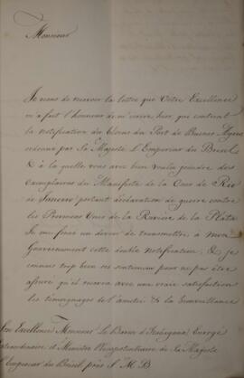 Nota Diplomática original enviada por Manuel Jose Hurtado (s.d.-1844) para Manuel Rodrigues Gamei...