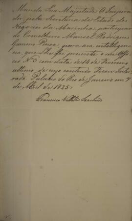 Despacho datado de 7 de abril de 1825 em que Francisco Vilela Barbosa (1769-1846), Visconde e Mar...