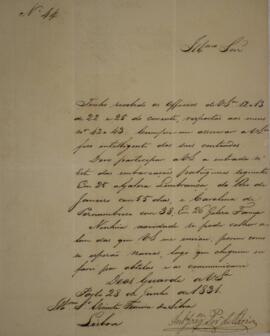 Cópia de ofício n.44 escrito por Antônio Joaquim Pereira de Faria (s.d.), para Vicente Ferreira d...