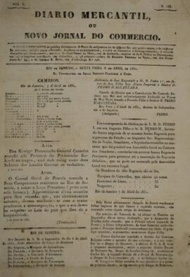 Panfleto “Diário mercantil, ou novo jornal do comércio”, com data de 8 de abril de 1831, publican...