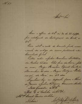 Cópia de ofício n.57 escrito por Antônio Joaquim Pereira de Faria (s.d.), para Vicente Ferreira d...