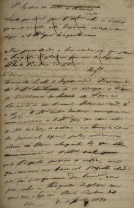 Minuta de despacho com data de 30 de julho de 1829 em que autor desconhecido comunica a Isidoro d...