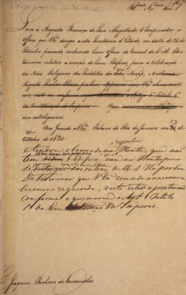 Rascunho de despacho enviado para Joaquim José Pinheiro de Vasconcelos (1788-1864), Visconde de M...