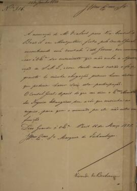 Ofício original enviado por Domingos Borges de Barros (1780-1855), Visconde da Pedra Branca, para...