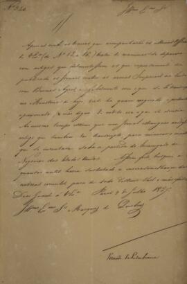 Ofício original enviado por Domingos Borges de Barros (1780-1855), Visconde da Pedra Branca, para...