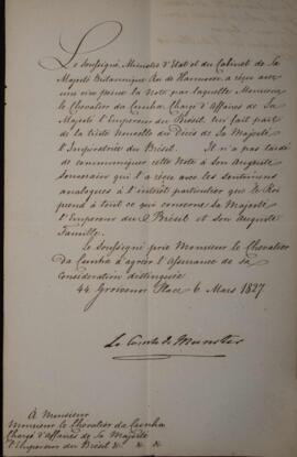 Nota Diplomática original enviada por Guilherme Henrique (1765-1837), Conde de Munster, para Antô...