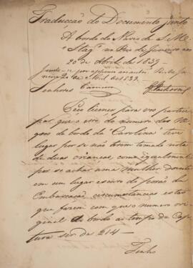 Tradução de documento datado de 20 de abril de 1839 e levado a bordo do navio Stag no Rio de Jane...