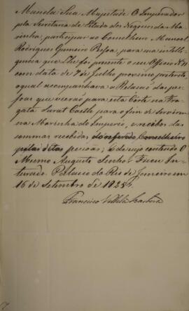 Despacho datado de 16 de setembro de 1825 em que Francisco Vilela Barbosa (1769-1846), Visconde e...