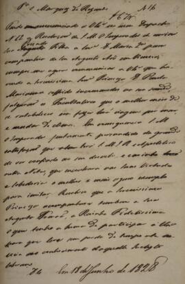 Minuta de despacho com data de 18 de junho de 1828 em que autor não identificado comunica a Antôn...