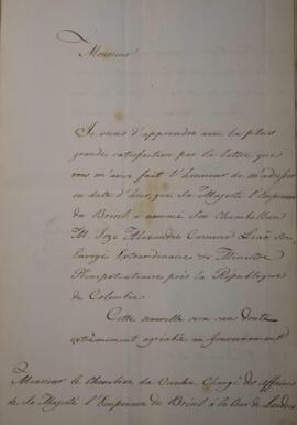 Nota Diplomática original enviada por Manuel Jose Hurtado, com data de 1 de dezembro de 1826, acu...