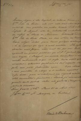 Ofício original enviado por Domingos Borges de Barros (1780-1855), Visconde da Pedra Branca, para...