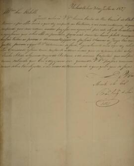 Ofício original enviado por Francisco Joaquim de Lima para José Silvestre Rebello (1777-1844), co...