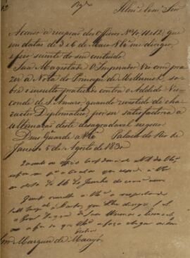 Minuta de despacho com data de 5 de agosto de 1830 em que autor desconhecido comunica a Francisco...