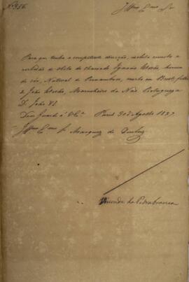 Ofício original enviado por Domingos Borges de Barros (1780-1855), Visconde da Pedra Branca, para...