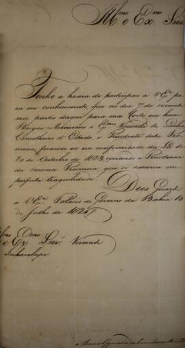 Ofício enviado por Manoel Ignácio da Cunha Meneses  (1779-1850) , para Antônio Luiz Pereira da Cu...