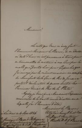 Nota Diplomática original enviada por Theobald R. G. Bourke para Manuel Rodrigues Gameiro Pessoa ...