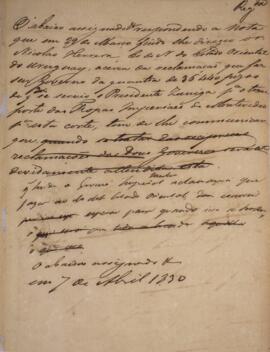 Minuta de nota diplomática escrita por Miguel Calmon du Pin e Almeida (1794-1865), Marquês de Abr...