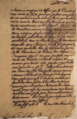 Ofício original datado de 05 de novembro de 1827, acusando o recebimento de um outro ofício. Disc...