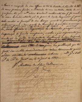 Minuta de aviso enviado para Antônio da Silva Caldeira, com data de 04 de janeiro de 1827, acusan...