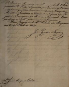 Despacho enviado por José Ignácio Braga (s.d.), para José Marques Lisboa (1807-1897), com data de...