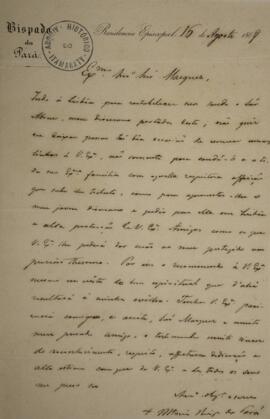 Carta original enviada pelo Bispo do Pará, para António de Alarcão Melo Castro Ataíde Eça Mascare...
