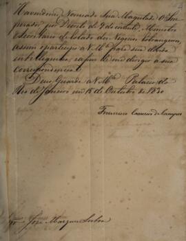 Despacho enviado por Francisco Carneiro de Campos (1765-1842), Visconde de Inhambupe, para José M...