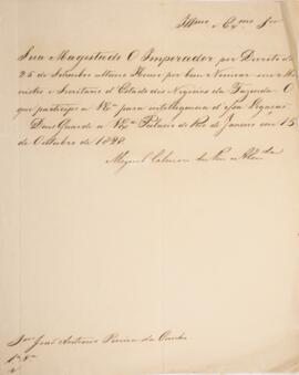 Despacho original enviado por Miguel Calmon du Pin e Almeida (1794-1865), Marquês de Abrantes, pa...